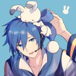  1boy akiyoshi_(tama-pete) animal animal_on_head blue_background blue_eyes blue_hair blue_neckwear blue_ribbon blue_scarf blue_theme blush_stickers bunny bunny_on_head close-up coat collarbone face facing_viewer hair_between_eyes hand_up head_tilt headset high_collar kaito_(vocaloid) light_smile looking_at_animal looking_up lowres male_focus on_head parted_lips pom_pom_(clothes) rabbit_yukine ribbon scarf shiny shiny_hair simple_background tsurime upper_body vocaloid white_coat 