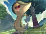  animal_focus blue_sky bush closed_mouth cloud commentary day expressionless fence full_body gen_5_pokemon gradient_sky grass highres looking_to_the_side no_humans outdoors outline pokemon pokemon_(creature) red_eyes rio_(user_nvgr5434) sky snivy solo standing tree 