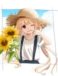  1girl bangs blonde_hair blue_skirt blue_sky border brown_hair brown_headwear cloud commentary dot_nose eyebrows_visible_through_hair eyelashes finger_in_mouth flower futaba_anzu hat highres holding holding_flower idolmaster idolmaster_cinderella_girls idolmaster_cinderella_girls_starlight_stage mouth_pull one_eye_closed outdoors rino_cnc shirt short_sleeves sidelocks skirt sky solo straw_hat sunflower suspender_skirt suspenders twintails upper_body white_shirt 