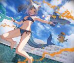  1girl animal_ears armpits bangs bare_arms bare_legs bare_shoulders barefoot bikini bloop_(gawr_gura) blue_bikini blue_eyes blue_hair blunt_bangs bracelet breasts cat_ears cloud cloudy_sky dice_hair_ornament fish_tail full_body gawr_gura grin hair_ornament highres holding hololive hololive_english jewelry jumping md5_mismatch medium_hair multicolored_hair nail_polish outdoors paint_splatter polearm ponytail pool resolution_mismatch shark_girl shark_print shark_tail sharp_teeth side-tie_bikini silver_hair sky small_breasts smile solo source_larger source_request stomach streaked_hair swimsuit tail teeth toenail_polish trident virtual_youtuber water_gun weapon 