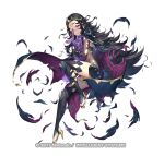  1girl black_cape black_hair book bracelet bridal_gauntlets cape circlet commentary_request company_name facial_mark fire_emblem fire_emblem_fates fire_emblem_heroes flat_chest forehead forehead_mark glaring gold_trim high_heels holding holding_book jewelry kousei_horiguchi long_hair nyx_(fire_emblem) official_art red_cape red_eyes solo thighhighs thighs torn_cape torn_clothes veil very_long_hair watermark zettai_ryouiki 