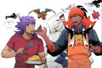  ... 2boys alternate_costume apron bangs black_hair black_hoodie bowl charizard collared_shirt curry dark-skinned_male dark_skin duraludon earrings facial_hair fang food gen_1_pokemon gen_4_pokemon gen_8_pokemon gym_leader holding holding_bowl hood hoodie jewelry leon_(pokemon) licking long_hair male_focus multiple_boys open_mouth orange_apron orange_headwear pokemon pokemon_(creature) pokemon_(game) pokemon_swsh purple_hair raihan_(pokemon) red_shirt rotom rotom_phone shirt short_hair short_sleeves smile spoken_ellipsis t-shirt tongue tongue_out undercut unko_yoshida yellow_eyes 