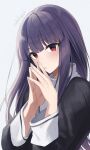  1girl asagami_fujino bangs black_dress blunt_bangs blush commentary_request dress eyebrows_visible_through_hair fingernails fingers_together kara_no_kyoukai long_hair long_sleeves looking_at_viewer neckerchief okakasushi open_mouth own_hands_together parted_lips purple_hair red_eyes reien_girl&#039;s_academy_uniform school_uniform sidelocks simple_background solo straight_hair twitter_username uniform white_background white_neckwear 