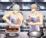  2boys apron blonde_hair chaldea_logo closed_mouth fate/grand_order fate_(series) food gareth_(fate) gawain_(fate) green_eyes grey_eyes grey_hair grey_pants hanging_light highres icing kitchen male_focus mixing_bowl multiple_boys muscular muscular_male pants pastry_bag pectorals percival_(fate) shirtless short_hair smile tart_(food) whisk whisking white_apron 