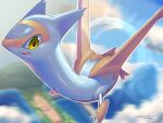 alternate_color animal_focus artist_name blue_sky claws cloud commentary_request day dragon flying full_body gen_3_pokemon green_eyes happy highres latias legendary_pokemon looking_down midair motion_blur no_humans open_mouth outdoors outline pokemon pokemon_(creature) rio_(user_nvgr5434) shiny shiny_pokemon shiny_skin sideways_mouth signature sky smile solo white_outline wings 