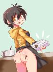  1girl ahoge apron ass black_hair bottomless bowl breasts chocolate chocolate_on_ass closed_mouth cooking cougar_(cougar1404) food food_in_mouth food_on_body food_on_face looking_at_viewer looking_back mole mole_on_ass nari_(cougar1404) original shiny shiny_skin short_hair solo yellow_eyes 