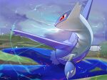  absurdres animal_focus artist_name aura blue_sky blue_theme claws closed_mouth cloud commentary day dragon flying full_body gen_3_pokemon highres lake latios legendary_pokemon looking_back midair outdoors pokemon pokemon_(creature) red_eyes rio_(user_nvgr5434) signature sky solo water wings 
