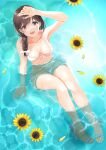  1girl :d arm_support arm_up armpits bangs bikini black_hair bow braid braided_ponytail breasts breasts_apart brown_eyes collarbone daisy flower from_above front-tie_bikini front-tie_top hair_bow hair_over_shoulder halterneck highres in_water knees_up light_blush medium_breasts mossan_(mossan-777) open_mouth original petals side-tie_bikini sitting smile swimsuit toeless_legwear water white_bikini white_bow white_footwear yellow_flower 