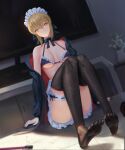  1girl apron artoria_pendragon_(all) artoria_pendragon_(alter_swimsuit_rider)_(fate) bangs bikini black_bikini black_jacket black_legwear black_ribbon black_skirt blonde_hair blush braid breasts choker cleavage fate/grand_order fate_(series) french_braid frilled_choker frills hair_bun hair_ribbon highres hood hooded_jacket jacket knees_up leg_garter legs long_hair long_sleeves looking_at_viewer maid_bikini maid_headdress medium_breasts off_shoulder open_clothes open_jacket ribbon sansan_(dongfangzhong111) sidelocks sitting skirt solo swimsuit thighhighs thighs waist_apron white_apron yellow_eyes 