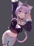 1girl ahoge animal_ear_fluff animal_ears bangs blush bouncing_breasts breasts cat_ears cat_girl cat_tail collar eyebrows_visible_through_hair hair_between_eyes highres hololive large_breasts long_sleeves looking_at_viewer nekomata_okayu open_mouth pants plain_222 purple_eyes purple_hair short_hair smile solo tail virtual_youtuber white_pants 