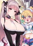  2girls ? absurdres ahoge azur_lane bare_shoulders between_breasts blonde_hair blush breast_envy breasts cleavage dress formidable_(azur_lane) frilled_dress frills gothic_lolita grey_hair hair_ribbon highres himiya_jouzu huge_breasts lolita_fashion long_hair looking_at_another monster_strike multicolored_hair multiple_girls neckwear_between_breasts nostradamus_(monster_strike) open_mouth planet_hair_ornament red_eyes ribbon streaked_hair sweat twintails two-tone_dress two-tone_ribbon very_long_hair 