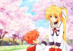  2girls age_difference blonde_hair blue_eyes fate_testarossa flower hair_ribbon kerorokjy looking_at_another lyrical_nanoha mahou_shoujo_lyrical_nanoha mahou_shoujo_lyrical_nanoha_a&#039;s multiple_girls open_mouth orange_hair red_eyes ribbon school_uniform short_twintails surprised takamachi_nanoha tree twintails uniform white_ribbon younger yuri 