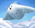  above_clouds animal_focus black_eyes blank_eyes blue_sky blurry bokeh cloud commentary day depth_of_field flying full_body gen_4_pokemon gradient_sky happy highres looking_up midair no_humans open_mouth pokemon pokemon_(creature) rio_(user_nvgr5434) sky smile solo togekiss 