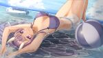  1girl armpits ball bangs beach beachball bikini blue_sky blunt_bangs blush breasts cleavage closed_mouth commentary crossed_legs dutch_angle english_commentary front-tie_bikini front-tie_top full_body highres hime_cut horns innertube large_breasts long_hair looking_at_viewer lying ocean on_back oni oni_horns original partially_submerged purple_bikini purple_eyes purple_hair reulem sky smile solo summer swimsuit 