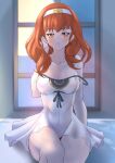  bed breasts celica_(fire_emblem) deekei dress fire_emblem fire_emblem_echoes:_shadows_of_valentia gown hair_tucking highres night night_sky nightgown parted_lips priestess princess red_eyes red_hair sky sleepwear window 