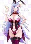  1girl animal_ears azur_lane bare_shoulders blue_eyes bow bowtie breasts bunny_ears character_name checkered checkered_background clothing_cutout cocktail_glass cup detached_collar drinking_glass fake_animal_ears highleg highleg_leotard highres huge_breasts leotard light_purple_hair long_hair navel_cutout official_alternate_costume playboy_bunny purple_legwear red_leotard sai-go simple_background solo strapless strapless_leotard thighhighs ticonderoga_(azur_lane) ticonderoga_(show_stopper!)_(azur_lane) two-tone_legwear very_long_hair wrist_cuffs 