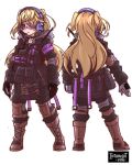  1girl alternate_costume backpack bag bangs bespectacled black_gloves blonde_hair boots bulletproof_vest chibi choker combat_boots eyebrows_visible_through_hair fischl_(genshin_impact) from_behind full_body genshin_impact glasses gloves green_eyes headset highres introvert-kun long_hair looking_at_viewer sidelocks simple_background solo tactical_clothes two_side_up 