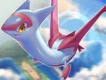  animal_focus artist_name blue_sky claws cloud commentary_request day dragon flying full_body gen_3_pokemon happy highres latias legendary_pokemon looking_down midair motion_blur no_humans open_mouth orange_eyes outdoors outline pokemon pokemon_(creature) rio_(user_nvgr5434) shiny shiny_skin sideways_mouth signature sky smile solo white_outline wings 