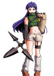  1girl arm_warmers belt brown_eyes cosplay final_fantasy final_fantasy_vii fingerless_gloves full_body gloves headband highres holding holding_weapon idolmaster kisaragi_chihaya koyamonpower long_hair looking_at_viewer loose_socks midriff navel orange_footwear purple_hair shoes shorts simple_background single_glove sleeveless sleeveless_turtleneck smile sneakers solo standing thigh_strap turtleneck weapon white_background white_legwear yuffie_kisaragi yuffie_kisaragi_(cosplay) 