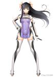  1girl bangs black_hair blue_eyes boots breasts closed_mouth commentary_request covered_navel dress elbow_gloves gloves hair_ornament hand_on_hip looking_at_viewer medium_breasts multicolored_hair original purple_hair see-through shiny shiny_clothes shiny_hair short_dress short_sleeves simple_background smile solo standing thigh_boots thighhighs tony_taka turtleneck two-tone_hair white_background white_footwear zettai_ryouiki 