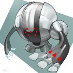  aqua_background artist_name commentary full_body gen_3_pokemon golem grey_theme highres legendary_pokemon metal no_humans pokemon pokemon_(creature) red_eyes registeel rio_(user_nvgr5434) shiny signature simple_background solo standing two-tone_background 