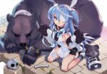  1girl :d animal animal_ears bandage_over_one_eye bare_shoulders bear black_choker black_shorts blue_eyes blue_hair bone boots bow bowtie breasts bunny_ears choker elbow_gloves fang gloves hair_between_eyes highres hood hood_down kneeling linmiu_(smilemiku) little_witch_nobeta long_hair looking_at_viewer monica_(little_witch_nobeta) open_mouth paw_gloves paws revealing_clothes short_shorts shorts sideless_outfit skull small_breasts smile socks solo stuffed_animal stuffed_toy teddy_bear thighs two_side_up very_long_hair 
