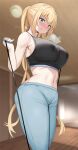  1girl ^^^ bangs bare_arms bare_shoulders blend_s blonde_hair blush breasts closed_mouth commentary_request covered_nipples gradient gradient_background grey_background highres hinata_kaho huge_breasts lactation lactation_through_clothes long_hair looking_at_viewer midriff navel noripachi pants solo standing sweat very_long_hair yoga_pants 