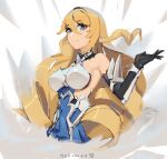  1girl armor armored_dress armpits bangs bare_shoulders bianka_durandal_ataegina bianka_durandal_ataegina_(bright_knight:_excelsis) black_gloves blonde_hair blue_eyes breasts closed_mouth fled gloves hair_between_eyes highres honkai_(series) honkai_impact_3rd long_hair looking_at_viewer portrait sideboob simple_background smile solo white_background 