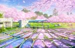  abandoned absurdres algae boat building cherry_blossoms commentary_request day highres huge_filesize lake no_humans original outdoors overgrown petals pier railing reflection ripples ruins scenery swan_boat tokyogenso tree water watercraft window 