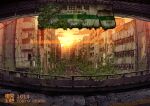  2014 artist_name building cloud commentary_request lamppost no_humans original outdoors overgrown photoshop_(medium) railing road ruins scenery sign signature station street sunset tokyogenso window 