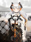  1girl arknights blurry blurry_background closed_mouth eyebrows_visible_through_hair eyelashes highres horns long_hair long_skirt long_sleeves nai_ga nail_polish orange_eyes orange_nails saria_(arknights) shield skirt solo white_hair 