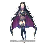  1girl black_cape black_hair bracelet bridal_gauntlets cape circlet commentary_request company_name covered_navel crossed_arms facial_mark fire_emblem fire_emblem_fates fire_emblem_heroes flat_chest forehead forehead_mark gold_trim groin jewelry kousei_horiguchi long_hair looking_at_viewer nyx_(fire_emblem) official_art red_cape red_eyes solo thighhighs thighs veil very_long_hair watermark zettai_ryouiki 