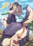  1girl animal_ears anus areolae ass bent_over blue_eyes blurry blurry_background blush breasts censored collar day dog_ears dog_tail frisbee from_behind furry grey_hair hansharu_(foxbut) highres leash looking_back mosaic_censoring mouth_hold multicolored_hair nipples original outdoors paw_pose pawpads puffy_nipples pussy short_hair solo standing standing_on_one_leg tail two-tone_hair white_hair 