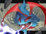  animal_focus artist_name black_eyes claws commentary_request dragon fangs full_body gen_3_pokemon glowing highres hyper_beam_(pokemon) letterboxed no_humans open_mouth outside_border pokemon pokemon_(creature) pokemon_move rio_(user_nvgr5434) rock salamence signature solo tongue wings 