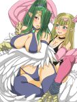  2girls animal_feet animal_hands bangs bare_shoulders black_legwear black_neckwear blonde_hair blue_eyes blush breasts choker circlet claws cleavage commentary_request duel_monster feathered_wings feathers garter_straps green_hair hair_ornament hair_over_one_eye hand_on_another&#039;s_shoulder harpie_girl harpie_queen harpy heart heart_hair_ornament horohhoro large_breasts long_hair monster_girl multiple_girls open_mouth pink_feathers pink_legwear pink_wings pointy_ears ponytail red_eyes simple_background thighhighs white_background white_feathers white_wings winged_arms wings yu-gi-oh! 