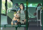  2boys animal_ears black_hair black_pants blue_overalls blurry blurry_background blurry_foreground blush bus_interior cat_boy cat_ears child chinese_clothes feet_out_of_frame highres jacket long_hair luoxiaohei multiple_boys pants rrr_(reason) shadow shirt short_hair short_sleeves sitting striped striped_shirt the_legend_of_luo_xiaohei white_hair white_jacket white_shirt window wuxian_(the_legend_of_luoxiaohei) 