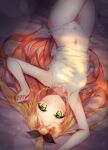  1girl blush bow bow_panties caron_(straycat910) collarbone covered_nipples from_above green_eyes highres long_hair looking_at_viewer navel on_bed orange_hair original panties parted_lips see-through solo underwear 