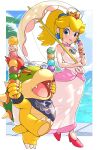  1boy 1girl absurdres beach beach_umbrella blonde_hair blue_eyes bowser_jr. claws crown dress fangs food gonzarez high_heels highres ice_cream ice_cream_cone mario_(series) mini_crown open_mouth parasol pink_dress ponytail princess_peach scarf sleeveless sleeveless_dress smile spiked_shell sunlight super_mario_sunshine umbrella 