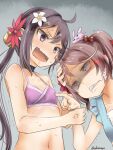  1other 2girls akebono_(kancolle) akino_shuu animal bell bikini blush bunny clenched_teeth collarbone eyebrows_visible_through_hair flower hair_bell hair_between_eyes hair_bobbles hair_flower hair_ornament jingle_bell kantai_collection long_hair multiple_girls navel open_mouth pet pink_eyes pink_flower pink_hair purple_bikini purple_eyes purple_hair sazanami_(kancolle) shaded_face short_hair side_ponytail swimsuit teeth twintails twitter_username upper_body white_flower 