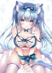  1girl animal_ear_fluff animal_ears bare_arms bare_shoulders between_legs bikini blue_bikini blue_eyes blue_hair blue_ribbon bow braid breasts cat_ears cat_girl cat_tail caustics choker cleavage collarbone frilled_bikini frilled_choker frilled_legwear frills from_above hair_bow highres large_breasts long_hair looking_at_viewer nail_polish navel open_mouth original restrained ribbon sakura_moyon sitting solo stomach strap_slip string_bikini swimsuit tail thick_thighs thighhighs thighs very_long_hair wariza white_legwear wrist_cuffs 