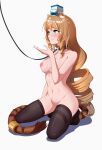  1girl absurdres animal_collar animal_ears arknights black_legwear blonde_hair blush breasts closed_mouth collar collarbone cum cum_on_body cum_on_breasts cum_on_hair cum_on_hands drill_hair feet highres large_breasts leash long_hair looking_to_the_side milk_carton navel neko_danna nipples nude seiza shadow simple_background sitting solo swire_(arknights) tail thighhighs tiger_ears tiger_girl tiger_tail white_background 