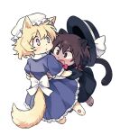  2girls :d :o animal_ear_fluff animal_ears animal_nose back_bow bangs black_capelet black_eyes black_headwear blonde_hair bow brown_eyes brown_hair capelet cat_ears cat_girl cat_tail chibi collared_dress dress eyebrows_visible_through_hair floating frilled_hat frills from_behind from_side full_body furrification furry hair_between_eyes hair_bow hair_ribbon hat hat_bow hat_ribbon hug light_blush long_dress long_sleeves looking_at_another looking_to_the_side lowres maribel_hearn mob_cap multicolored multicolored_eyes multiple_girls open_mouth parted_lips paws petticoat puffy_short_sleeves puffy_sleeves purple_dress purple_eyes re_ghotion red_bow red_neckwear ribbon sash short_hair short_sleeves simple_background smile tail tareme touhou tress_ribbon usami_renko v-shaped_eyebrows wavy_hair white_background white_bow white_headwear white_ribbon yellow_eyes 