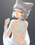  1girl alten animal_ears back bangs blush cat_ears facial_mark highres lines nia_(blade)_(xenoblade) nia_(xenoblade) nude signature simple_background solo towel xenoblade_chronicles_(series) xenoblade_chronicles_2 