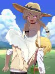  1boy 1girl bare_shoulders barefoot belt black_ribbon blonde_hair blue_sky blush braid cloud collar collared_shirt dress eyebrows_visible_through_hair fangs field grey_hair hair_ribbon hat highres insect_cage long_hair makaino_ririmu multicolored_hair nijisanji open_mouth outdoors pink_eyes pointy_ears red_collar red_hair ribbon satsuyo shirt signature sitting sitting_on_person sky sleeveless sleeveless_dress sleeves_rolled_up smile strap_slip streaked_hair sun_hat sundress sweater_vest twin_braids uzuki_kou virtual_youtuber white_dress white_shirt 