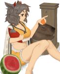  1girl absurdres animal_ears animal_print black_hair breasts brown_hair bucket capybara cleavage cow_ears cow_girl cow_horns cow_print crop_top feet_out_of_frame food frilled_shorts frills fruit haori highres horns japanese_clothes large_breasts midriff multicolored_hair navel orange_(fruit) red_eyes red_horns sandals shorts simple_background statue stitches stomach tank_top touhou two-tone_hair ushizaki_urumi wakaburger watermelon white_background yellow_shorts yellow_tank_top 