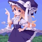  1girl ahiru_tokotoko black_skirt blonde_hair bow bowtie braid cloud collared_shirt commentary_request frilled_sleeves frills hand_on_hip hat hat_bow highres kirisame_marisa looking_at_viewer pixel_art pointing shirt short_sleeves skirt solo suspender_skirt suspenders touhou white_shirt witch_hat yellow_eyes 