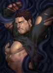  1boy abs bara bare_pectorals beard black_shirt blue_eyes bound bound_arms brown_hair chris_redfield clenched_teeth facial_hair from_side large_pectorals male_focus mature_male muscular muscular_male nipples pectorals resident_evil resident_evil_5 shirt short_hair sideburns solo stomach stubble teeth tentacles tentacles_under_clothes torn_clothes torn_shirt upper_body 