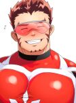  1boy akashi_(live_a_hero) bara blush bodysuit closed_eyes face facial_hair flying_sweatdrops goatee gradient_hair grin highres karamaru_(karamari_11) large_pectorals live_a_hero long_sideburns male_focus multicolored_hair muscular muscular_male pectorals portrait red_bodysuit red_hair scar scar_on_face scar_on_nose short_hair sideburns skin_tight smile solo thick_eyebrows white_background 