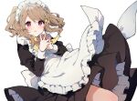  1girl :o apron blush bow bowtie brown_hair commentary_request hair_bow highres ikeuchi_tanuma long_sleeves looking_at_viewer maid maid_headdress original red_eyes short_hair simple_background solo thighs white_apron white_background yellow_bow yellow_neckwear 