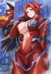  1girl blue_eyes blush bodysuit breasts building cleavage code_geass headband highres hikari_(komitiookami) kallen_stadtfeld knights_of_the_round_uniform large_breasts looking_at_viewer mecha navel pilot_suit red_bodysuit red_hair shiny shiny_clothes 